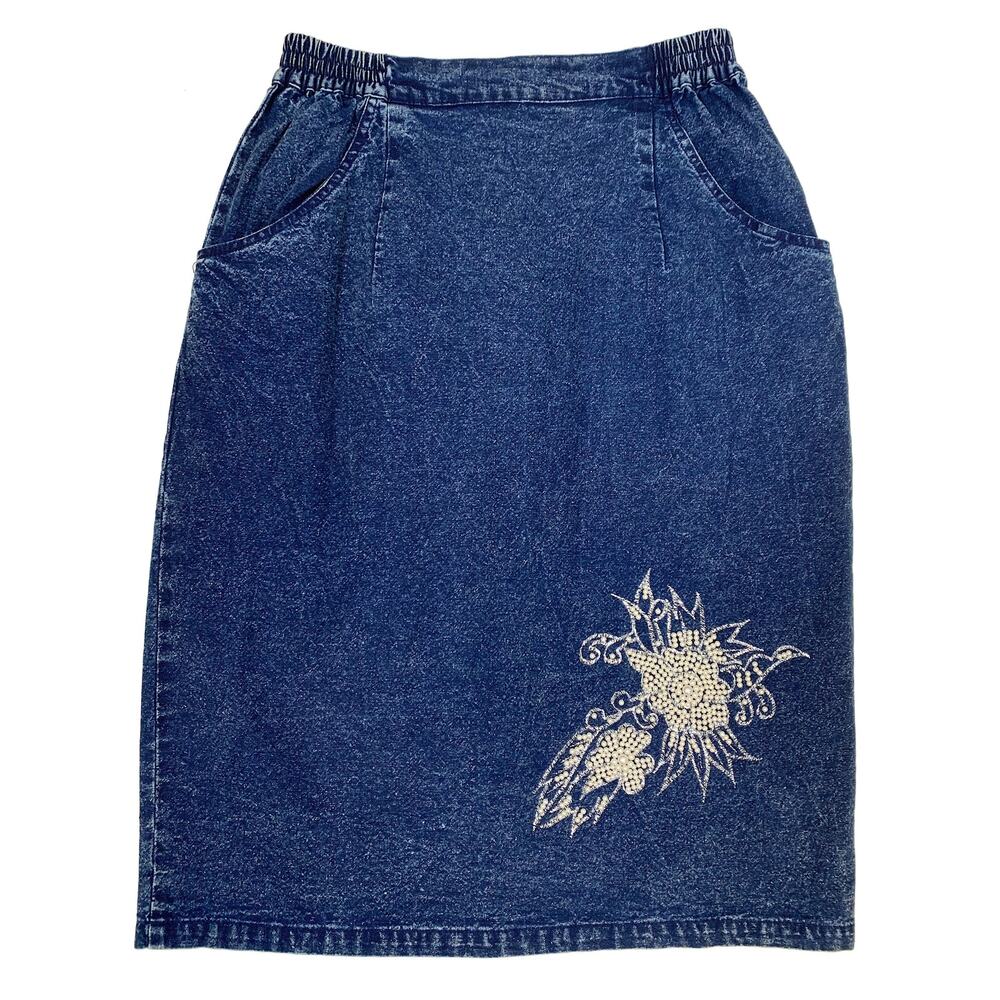 80s High Waist Acid Wash Denim Skirt with Pearl Appliqué - Picture 6 of 9